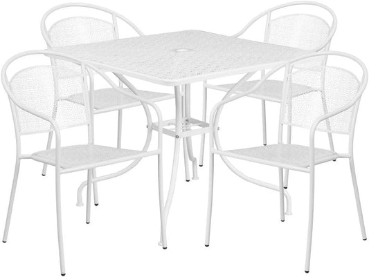 Oia Commercial Grade 35.5" Square White Indoor-Outdoor Steel Patio Table Set with 4 round Back Chairs-0