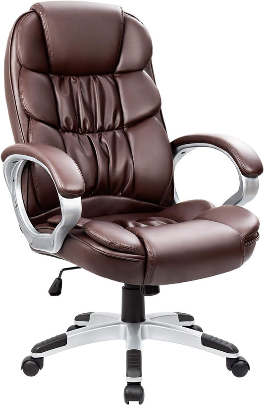 Office Chair High Back Computer Chair Ergonomic Desk Chair, PU Leather Adjustable Height Modern Executive Swivel Task Chair with Padded Armrests and Lumbar Support (Brown)-0