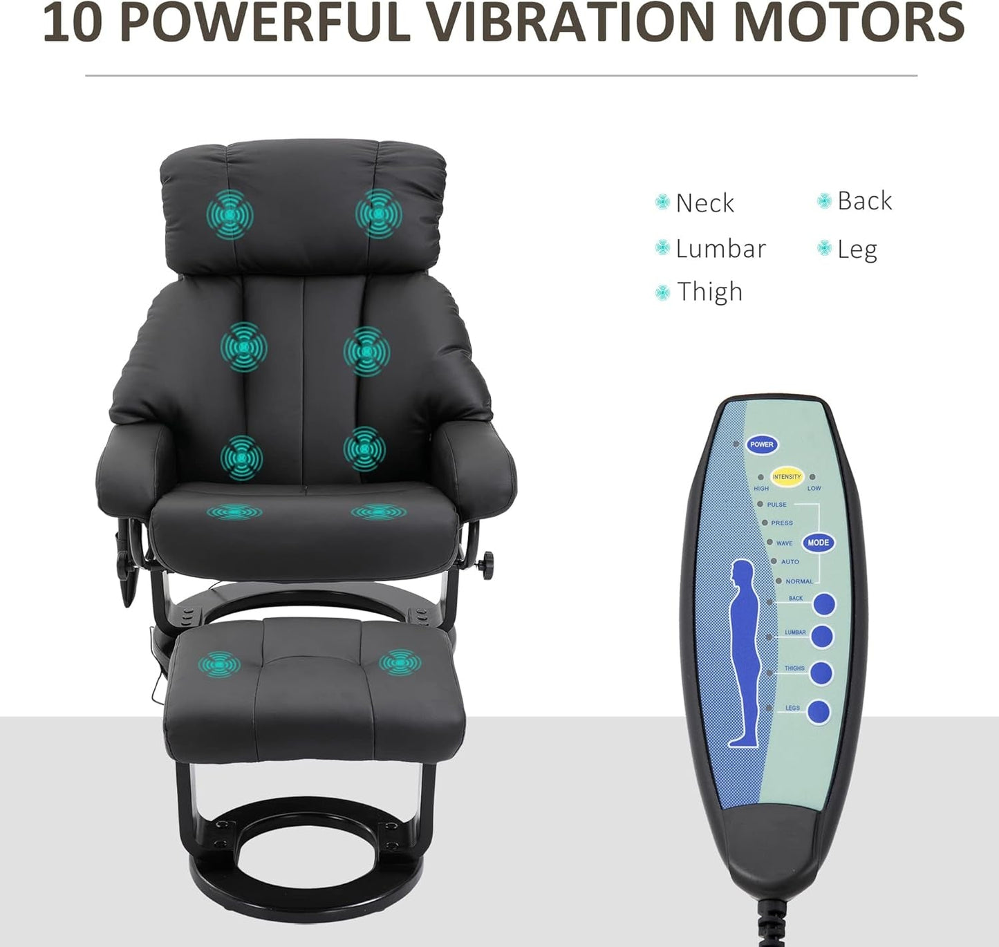 Massage Recliner Chair with Ottoman, 360° Swivel Recliner and Footstool, 10 Point Vibration, PU Leather Reclining Chair with Side Pocket and Remote Control, Black-3