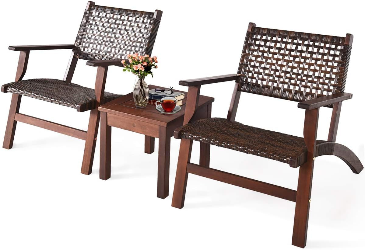 3 PCS Patio Conversation Set, Solid Eucalyptus Wood Frame Outdoor Wicker Furniture Set Bistro Set with Coffee Table, Rattan Furniture Set for Backyard Porch Garden Poolside Balcony (Brown)-0