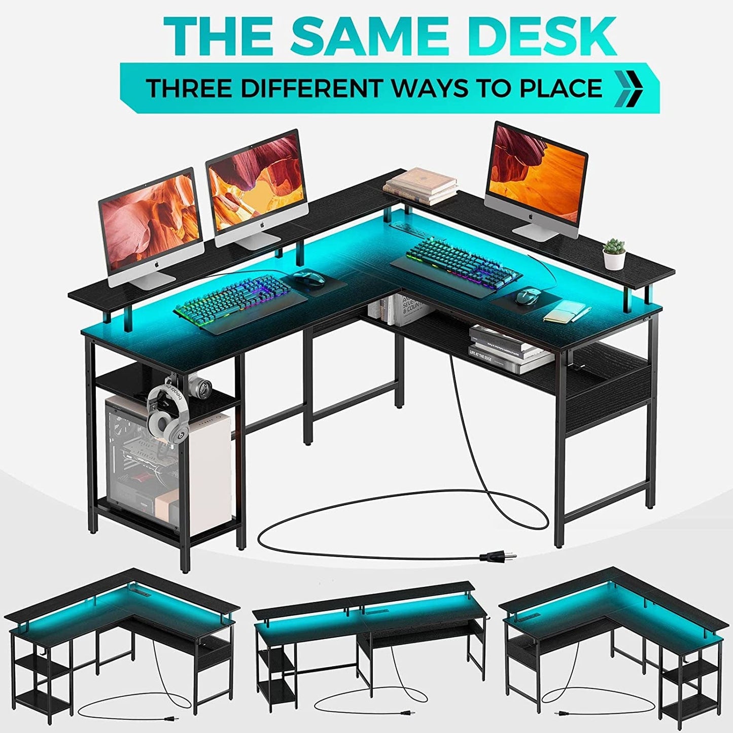 L-Shaped Computer Desk with LED Strip, Black-3