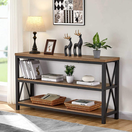 Rustic Wood Console Table with 3 Shelves-0