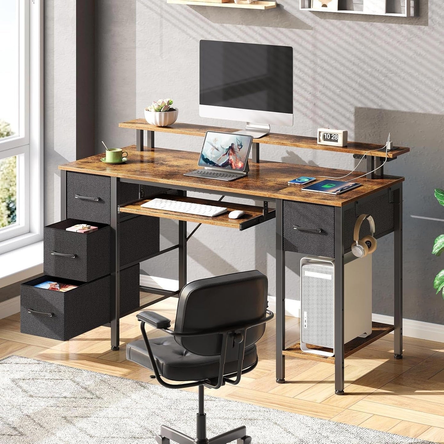 Computer Desk 47.2" with LED Lights & Power Outlets, Home Office Desk with 4 Drawers, Writing Desk with Keyboard Tray, Study Desk with Monitor Stand, Work Desk for Home Office, Rustic Brown-1