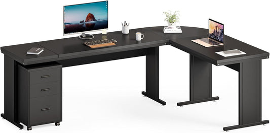82.67" Long Executive Desk Large L-Shaped Computer Office Desk with 3-Drawer Mobile File Cabinet, Industrial Business Furniture Desk Workstation for Home Office, Black-0