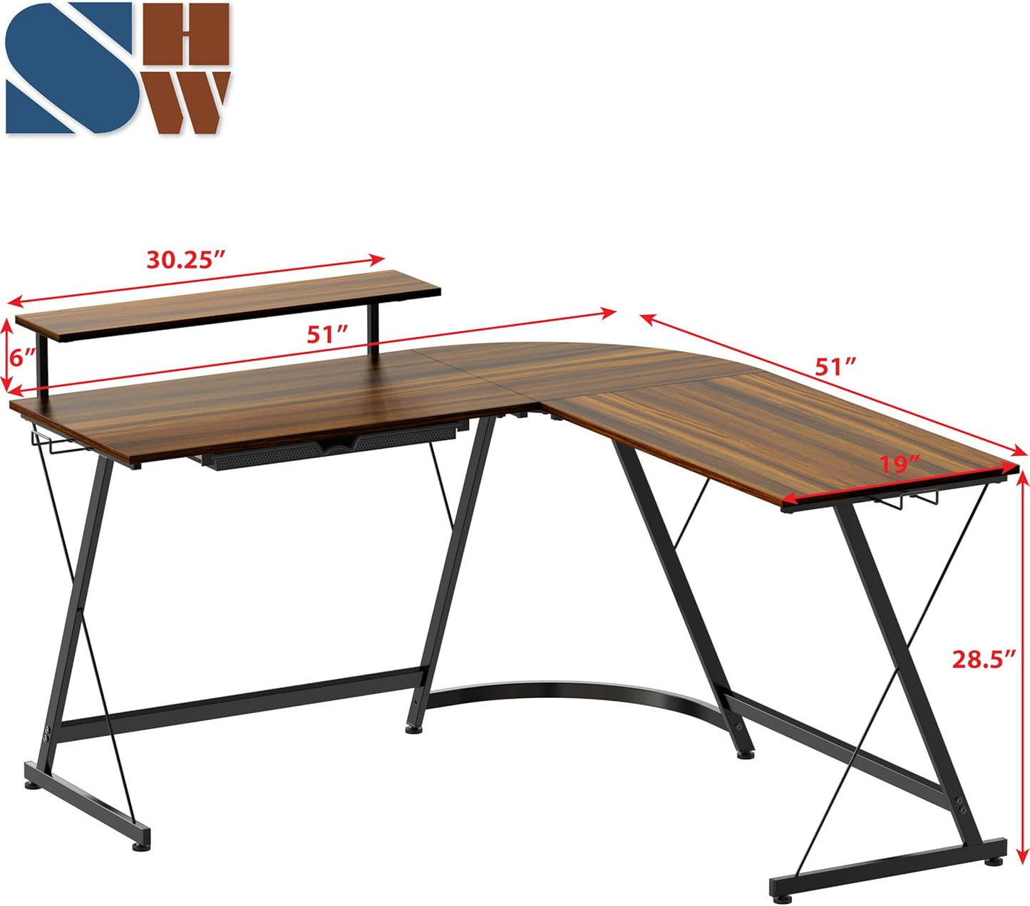 Vista L-Shape Desk with Monitor Stand, Walnut-2