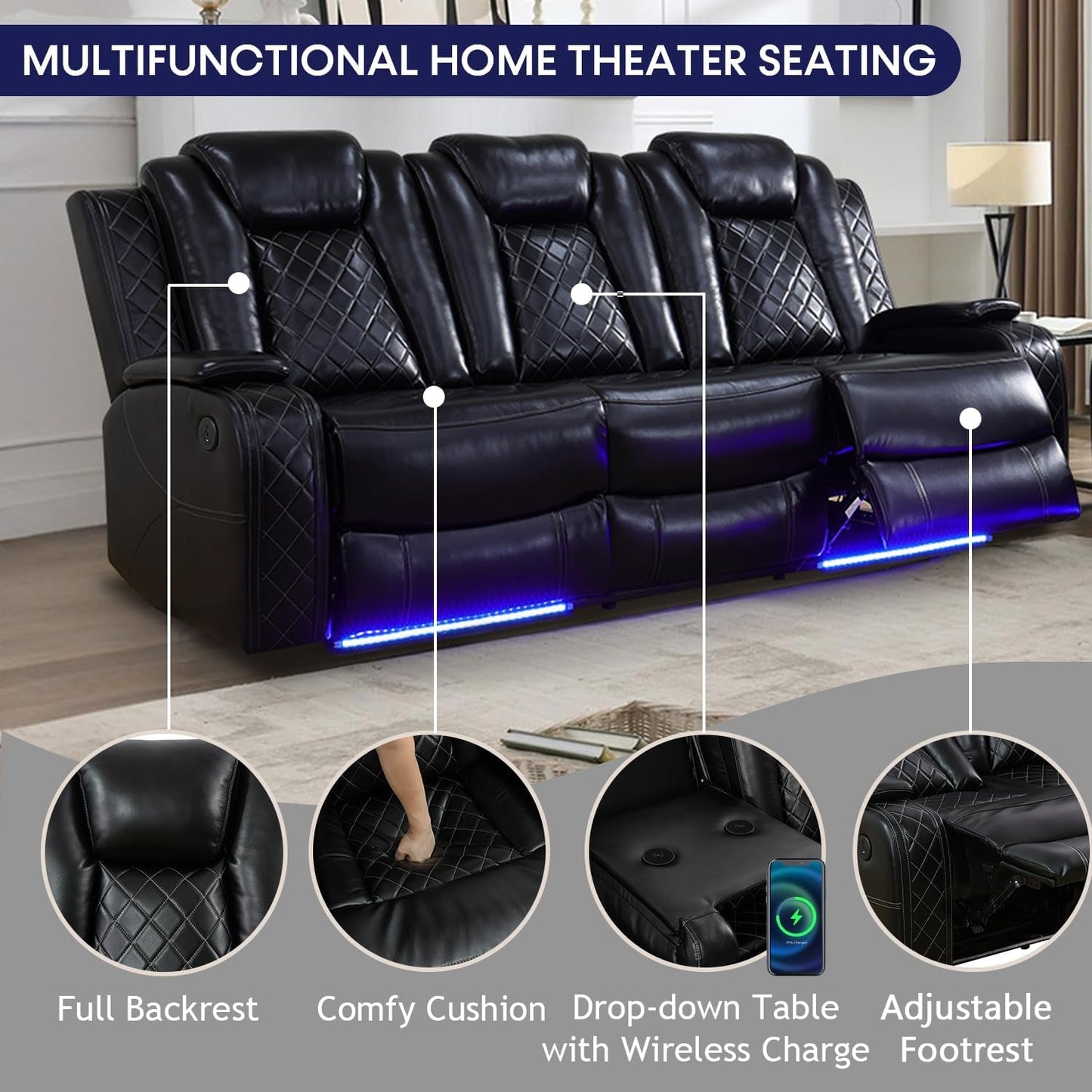 Power Recliner Sofa Set with LED Lights,Leather Living Room Furniture Set with USB Port/Cup Holders,Reclining Sofa for House/Home Theater(Sofa&Loveseat 2 Pieces, Black)-2