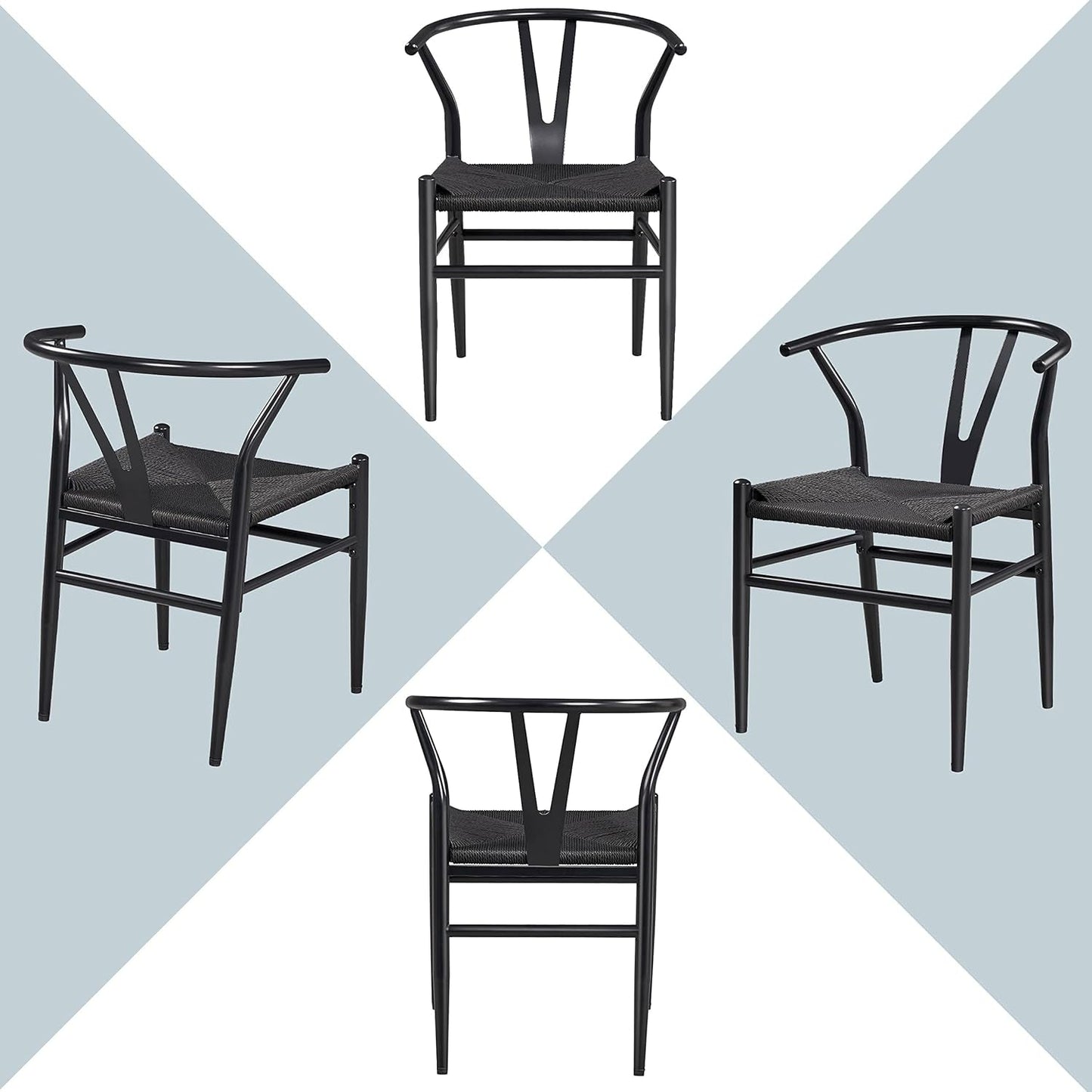 Weave Arm Chair Set of 2 Weave Modern Chair with Y-Shaped Backrest Mid-Century Metal Dining Chair with Solid Metal Frame, (Full Black, Large)-3