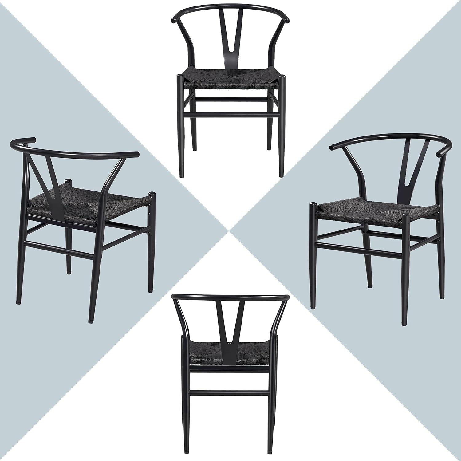 Weave Arm Chair Set of 2 Weave Modern Chair with Y-Shaped Backrest Mid-Century Metal Dining Chair with Solid Metal Frame, (Full Black, Large)-3