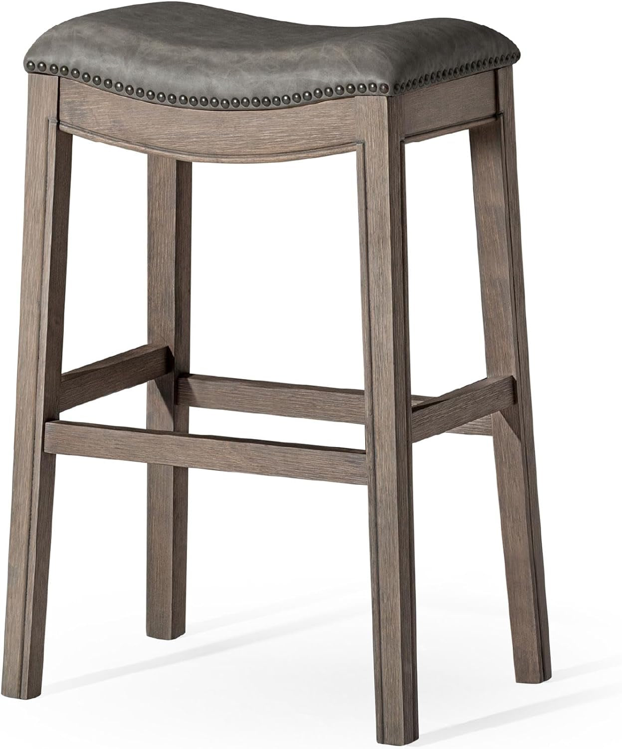 Adrien 31 Inch Bar Height Backless Saddle Barstool in Reclaimed Oak Finish with Ronan Stone Vegan Leather Cushion Seat-0