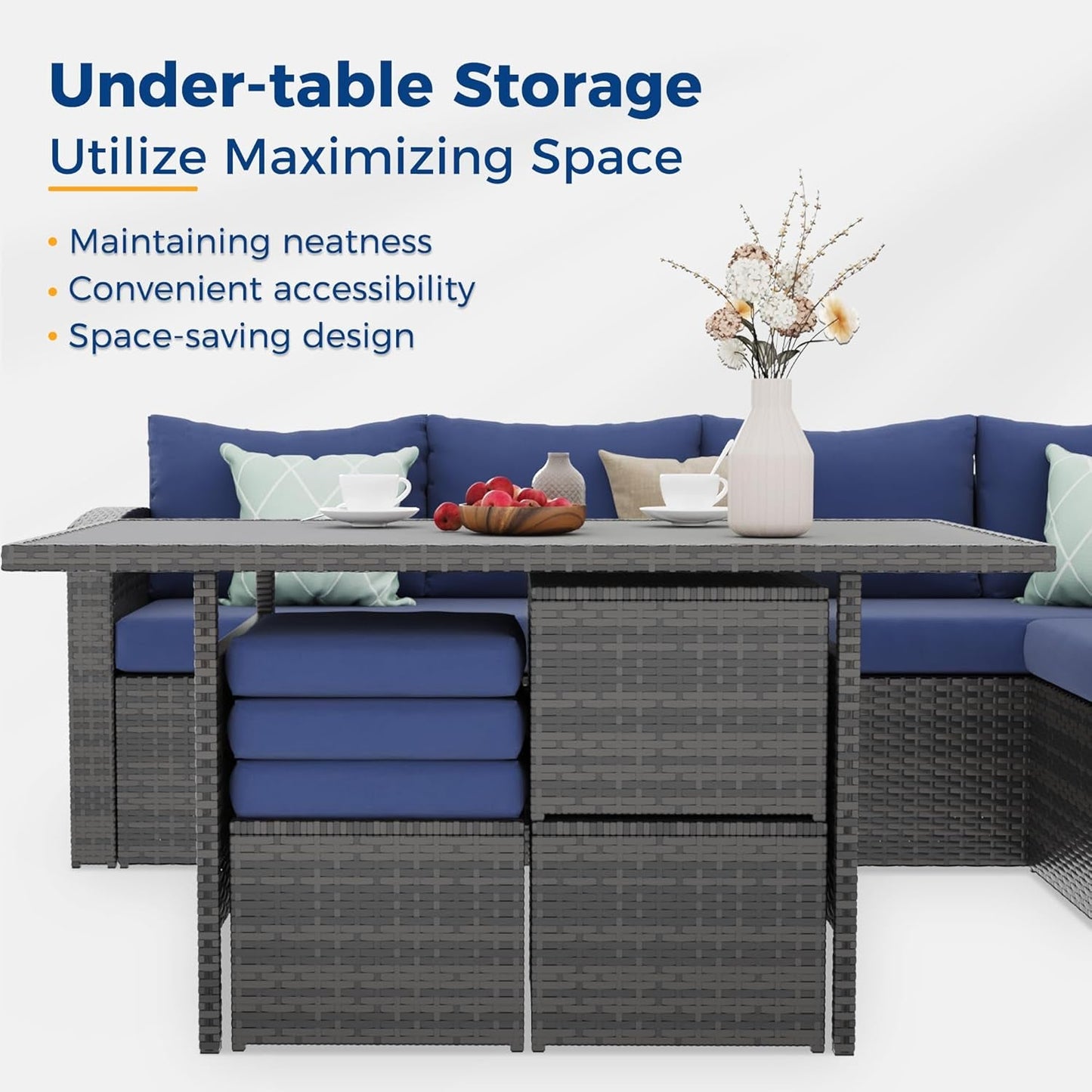 Outdoor Patio Furniture Set, 7 Piece Outdoor Dining Sectional Sofa with Dining Table and Chair, All Weather Wicker Conversation Set with Ottoman,Blue-2