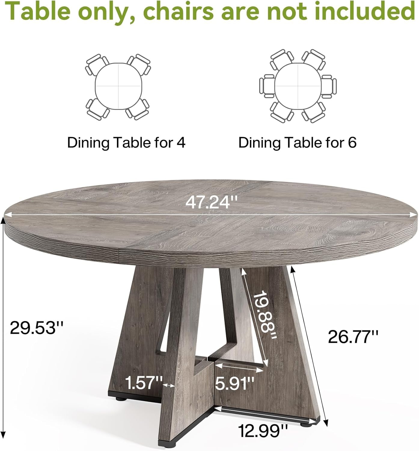 round Dining Table for 4-6 People, 47 Inches Dining Room Table with Wooden Pedestal Base, Grey Dinner Table, Circle Kitchen Table for Dining Room, Kitchen, Living Room(Table Only)-2