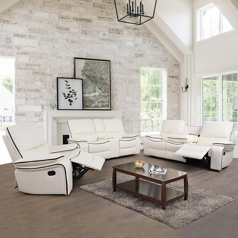 Leather Recliner Sofa Set, Bonded Leather Couch Set,Manual Couch Set for Living Room, Living Room Furniture Set with Storage Console for Living Room Office Home (Creamy White, Sofa+Loveseat+Chair)-0