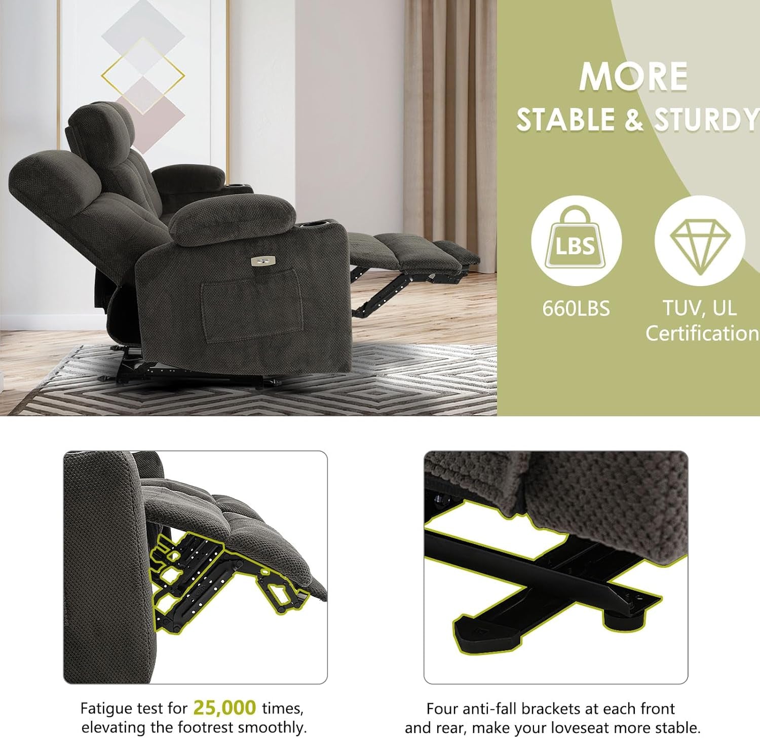 Power Reclining Sofa Set, 2 Pieces Reclining Living Room Set, Power Reclining Sofa and Loceseat Set, Recliner Sofa Set with Massage/Storage/Cup Houlder/Usb Port for Living Room-3