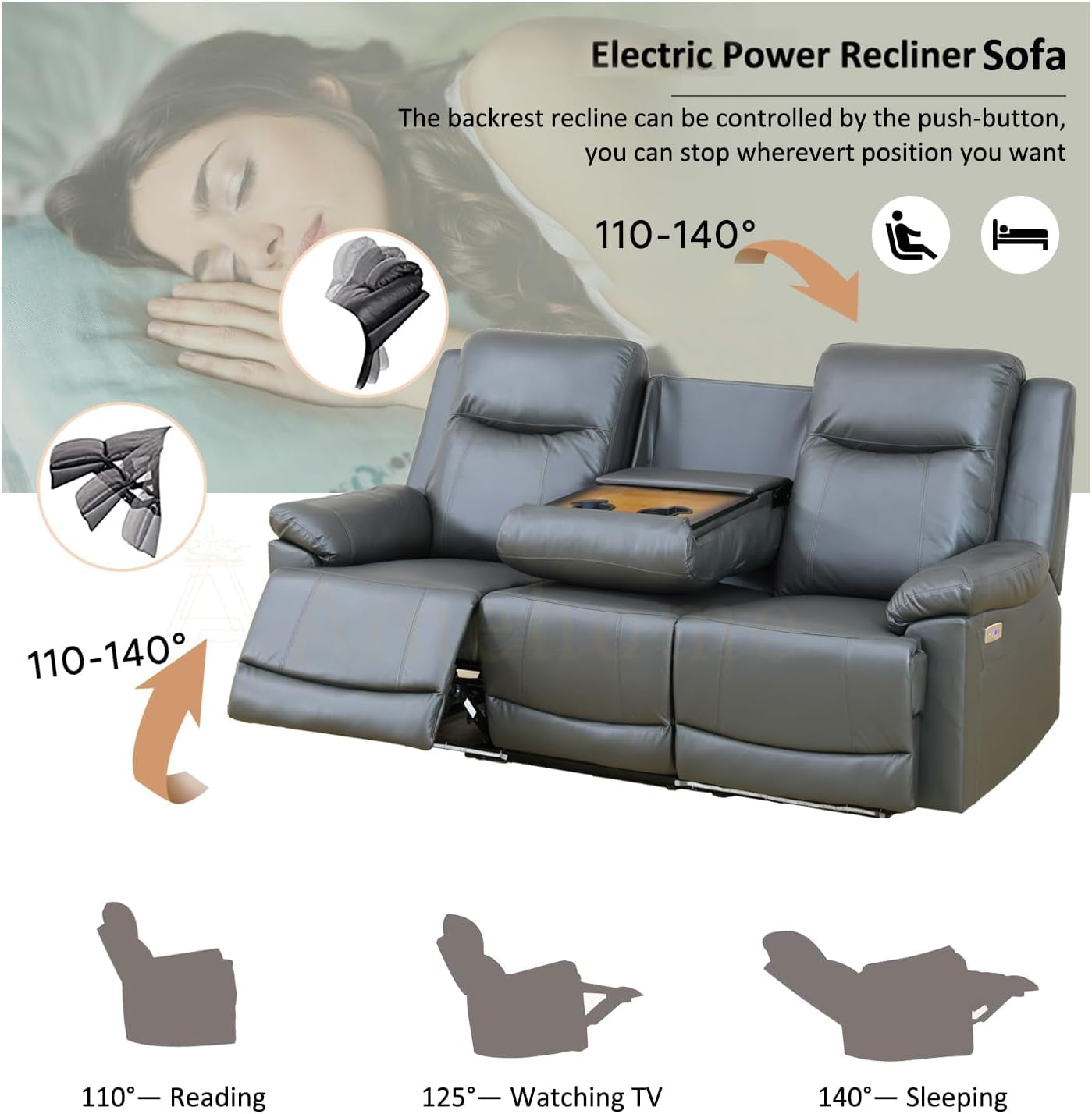 Power Leather Recliner Sofa Sets, 2 Pieces Living Room Furniture Sets with LED Lights, Grey Reclining Sofa Sets with USB Port for House/Office/Rv(B-Drak Grey, Sofa+Loveseat)-3