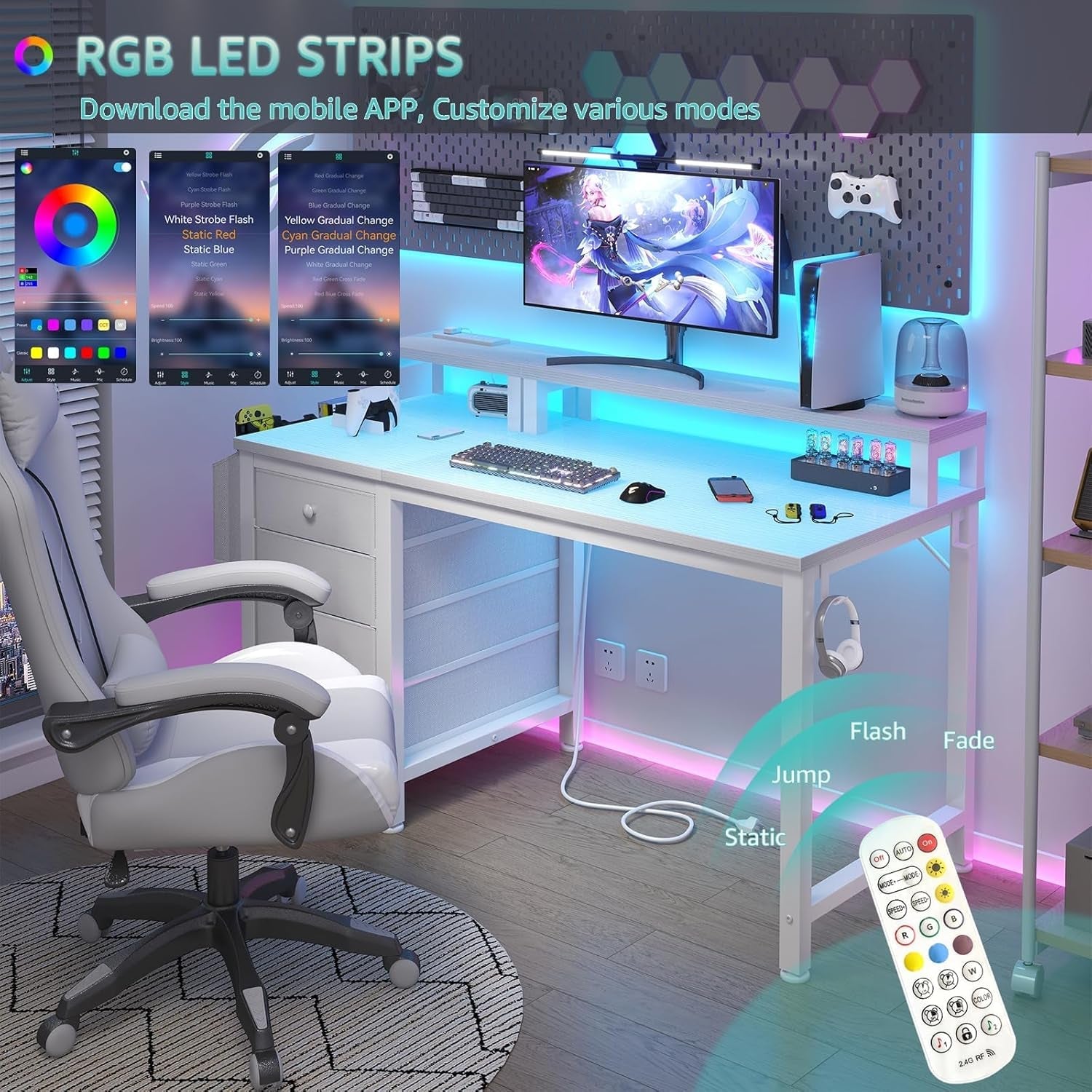 White Desk with 4 Drawers - 47 Inch Gaming Desk with Monitor Stand, Computer Gaming Desk with LED Lights Power Outlets and Storage Bag Fabric Drawer for Home Office, Bedroom, White-2