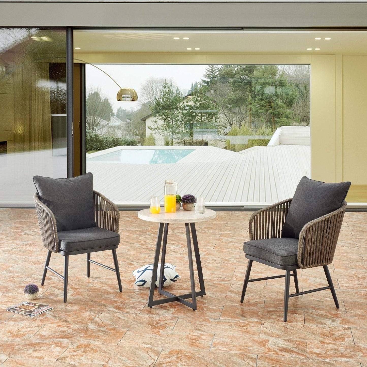 3 Piece Bistro Set Outdoor Patio Wicker Chairs and Table Metal Frame Modern Rattan Chair with Cushion and Small Coffee Table for Balcony Backyard Garden Poolside (Beige Tabletop, 3 Pcs)-0