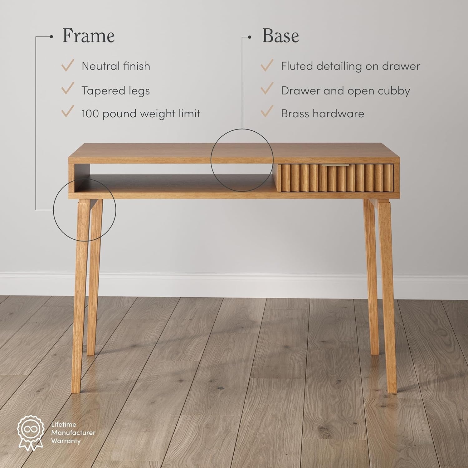 Jasper Small Home Office Desk with Storage, Bohemian Writing Desk with Drawer and Open Cubby, Natural Brown-3