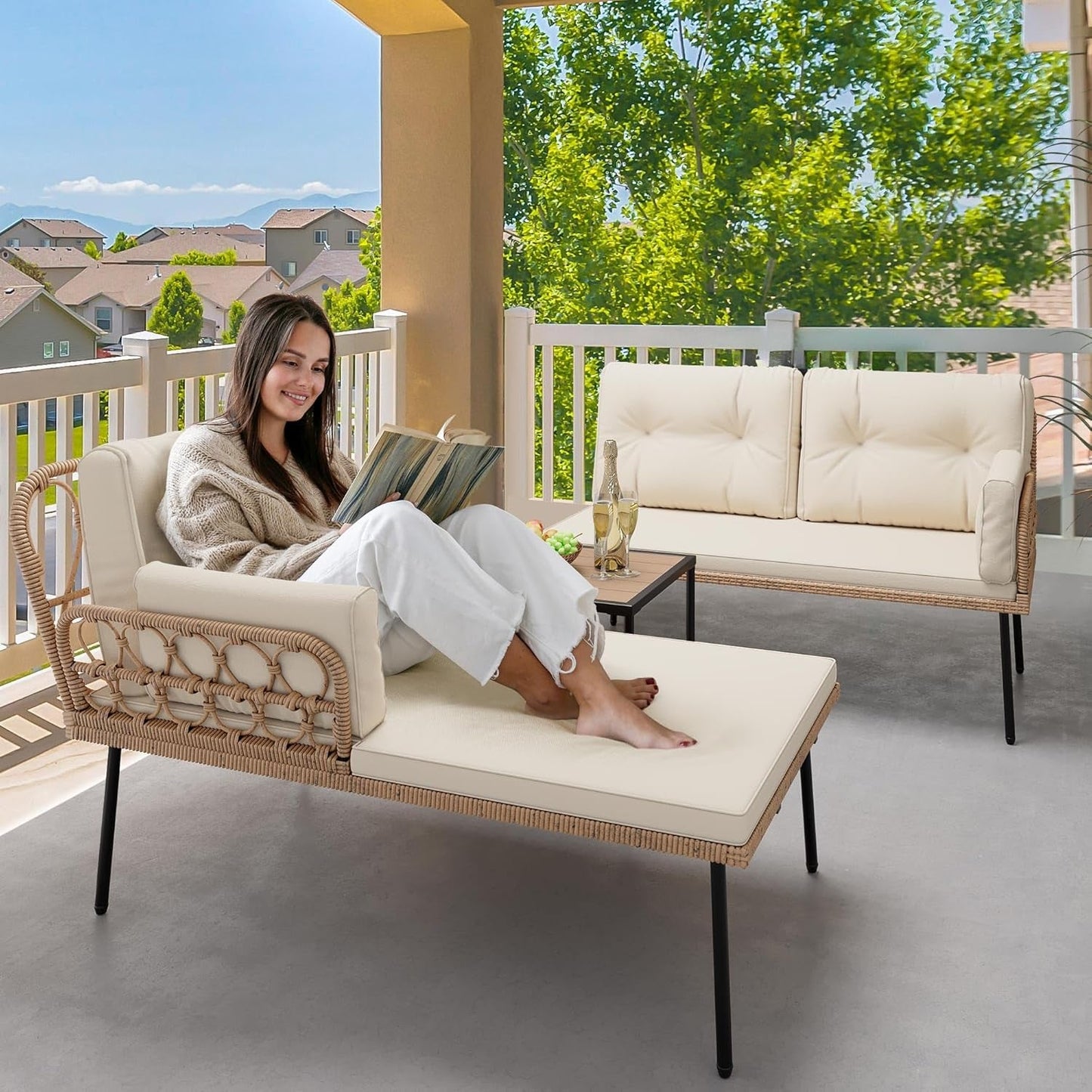 Patio Furniture Set, 3-Piece Outdoor Wicker Conversation Sectional L-Shaped Sofa with 4 Seater for Backyard, Porch, Boho Detachable Lounger with Cushions and Coffee Table - Beige-4