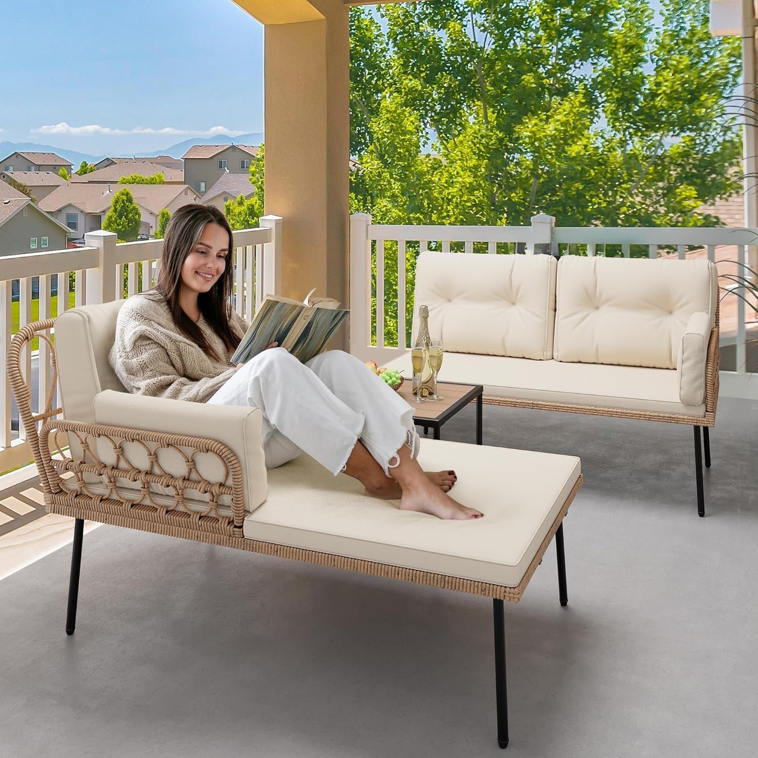 Patio Furniture Set, 3-Piece Outdoor Wicker Conversation Sectional L-Shaped Sofa with 4 Seater for Backyard, Porch, Boho Detachable Lounger with Cushions and Coffee Table - Beige-4