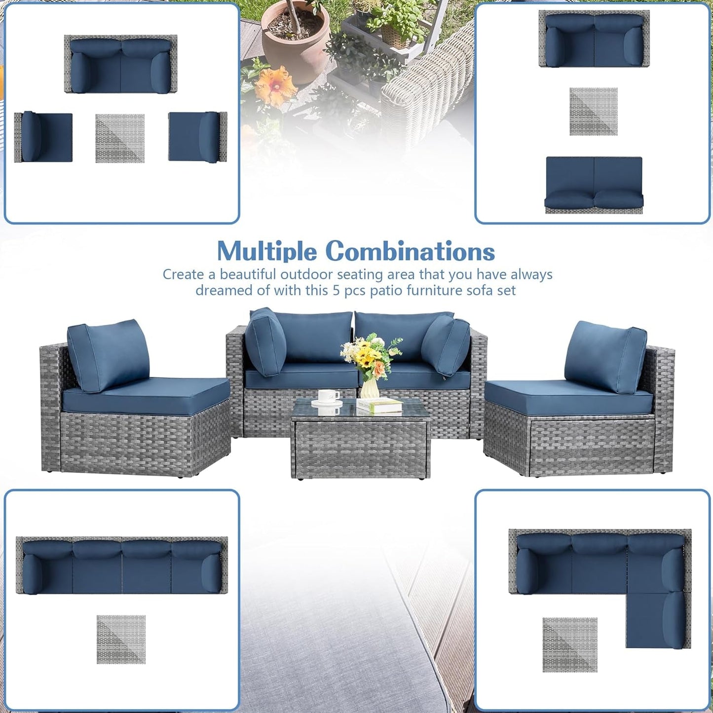 5 Pieces Outdoor Patio Sectional Sofa Couch, Silver Gray PE Wicker Furniture Conversation Sets with Washable Cushions & Glass Coffee Table for Garden, Poolside, Backyard (Aegean Blue)-2