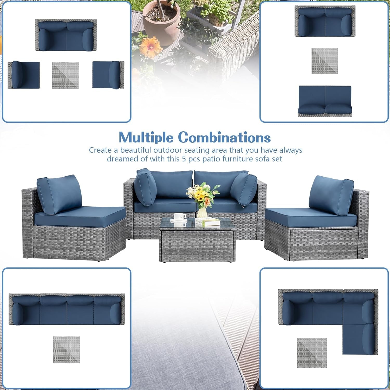 5 Pieces Outdoor Patio Sectional Sofa Couch, Silver Gray PE Wicker Furniture Conversation Sets with Washable Cushions & Glass Coffee Table for Garden, Poolside, Backyard (Aegean Blue)-2