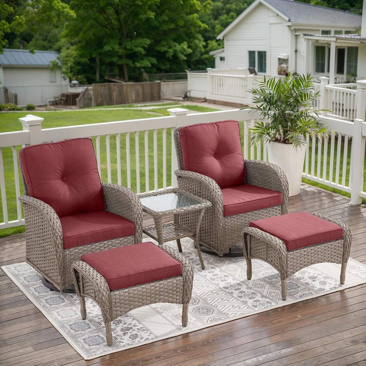 5 Pieces Wicker Patio Furniture Set - Swivel Rocker Outdoor Chairs with Ottomans and Side Table, Small Patio Conversation Set for Porch Deck Backyard Red-0