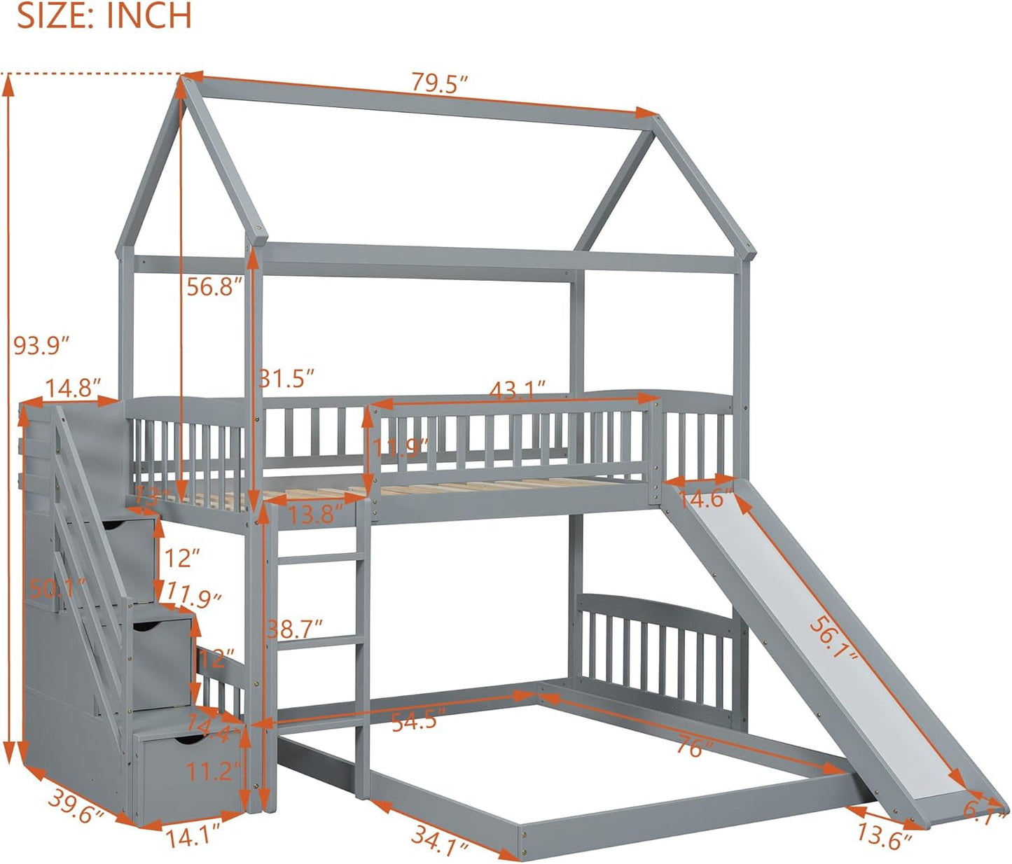 House Loft Bunk Bed Frames with Slide, Stairs and Storage Drawers No Box Spring Needed, Gray, Twin over Twin with Bottom Beds-1