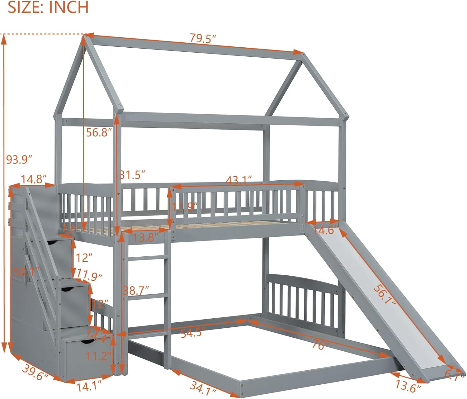 House Loft Bunk Bed Frames with Slide, Stairs and Storage Drawers No Box Spring Needed, Gray, Twin over Twin with Bottom Beds-1