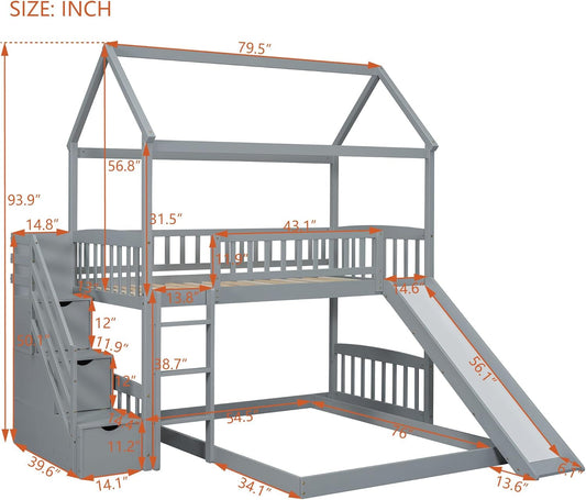 House Loft Bunk Bed Frames with Slide, Stairs and Storage Drawers No Box Spring Needed, Gray, Twin over Twin with Bottom Beds-1