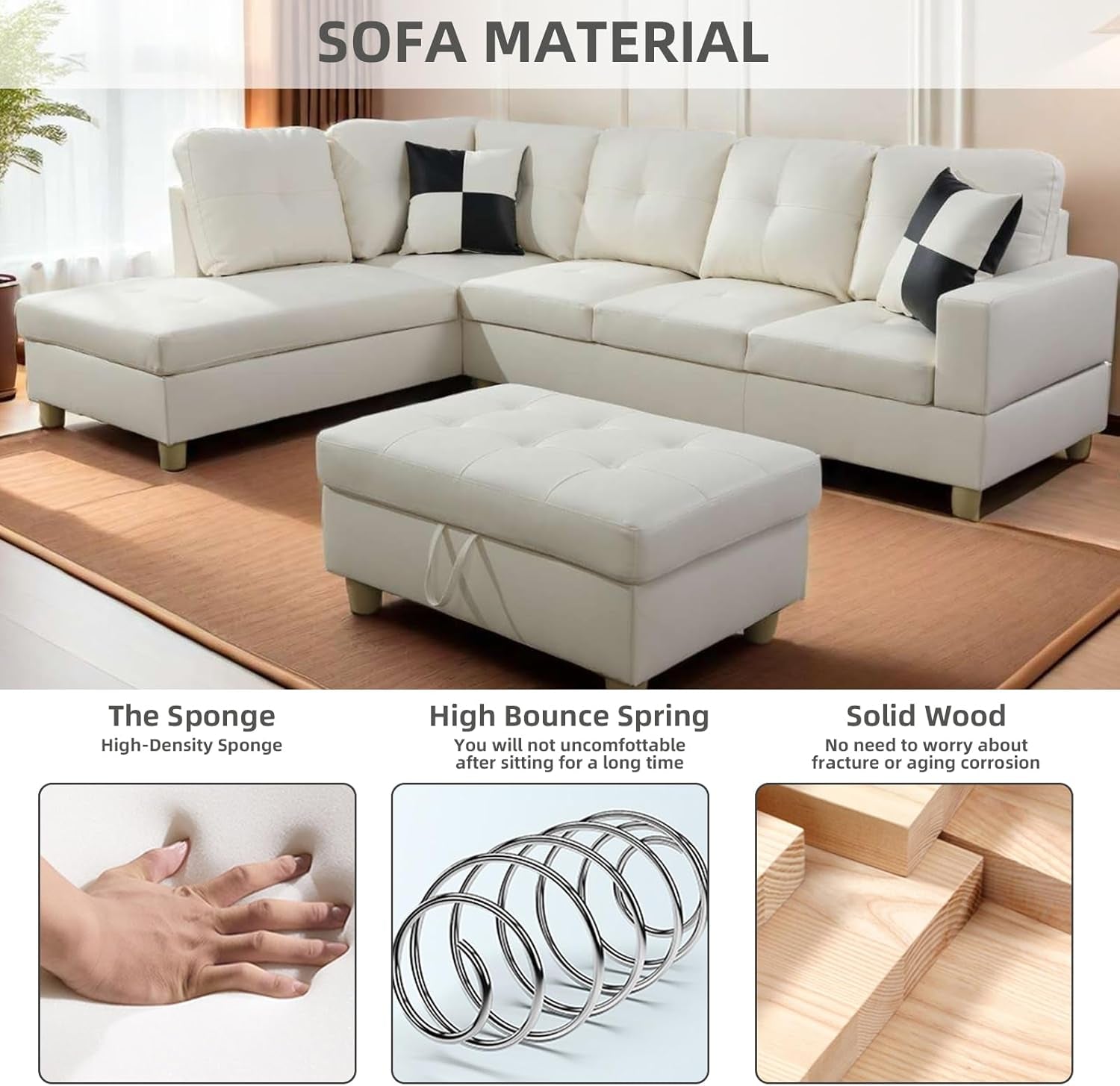 L Shaped Sectional Couch with Storage Ottoman, Modern Nailhead Comfy Lounge Sofa with Reversible Cup Holder & Chaise, 97" 4 Seat Modular Sofá for Living Room Apartment, Amaranth-3