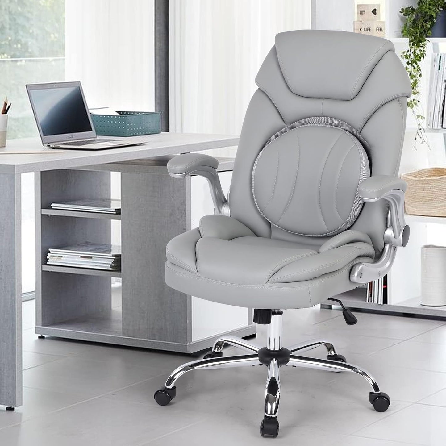 Ergonomic Executive Office Chairs with Lumbar Support, PU Leather Home Desk Wheels and Flip up Arms, 90-120° Rocking Managerial Chair (Gray) Grey Medium(300Lbs)-1