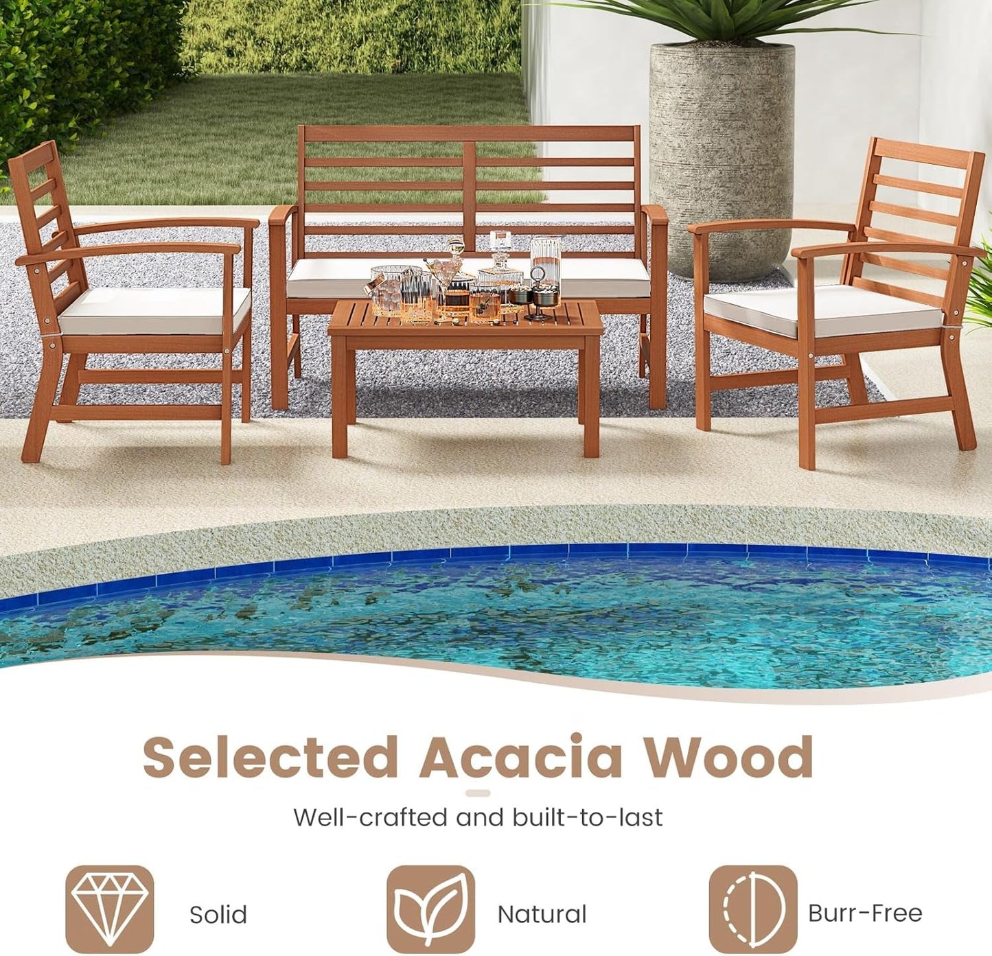 4 Pieces Outdoor Furniture Set, Acacia Wood Conversation Set W/Soft Seat Cushions, Stable Acacia Wood Frame, Patio Sofa & Coffee Table Set for Backyard, Porch, Poolside (White)-2
