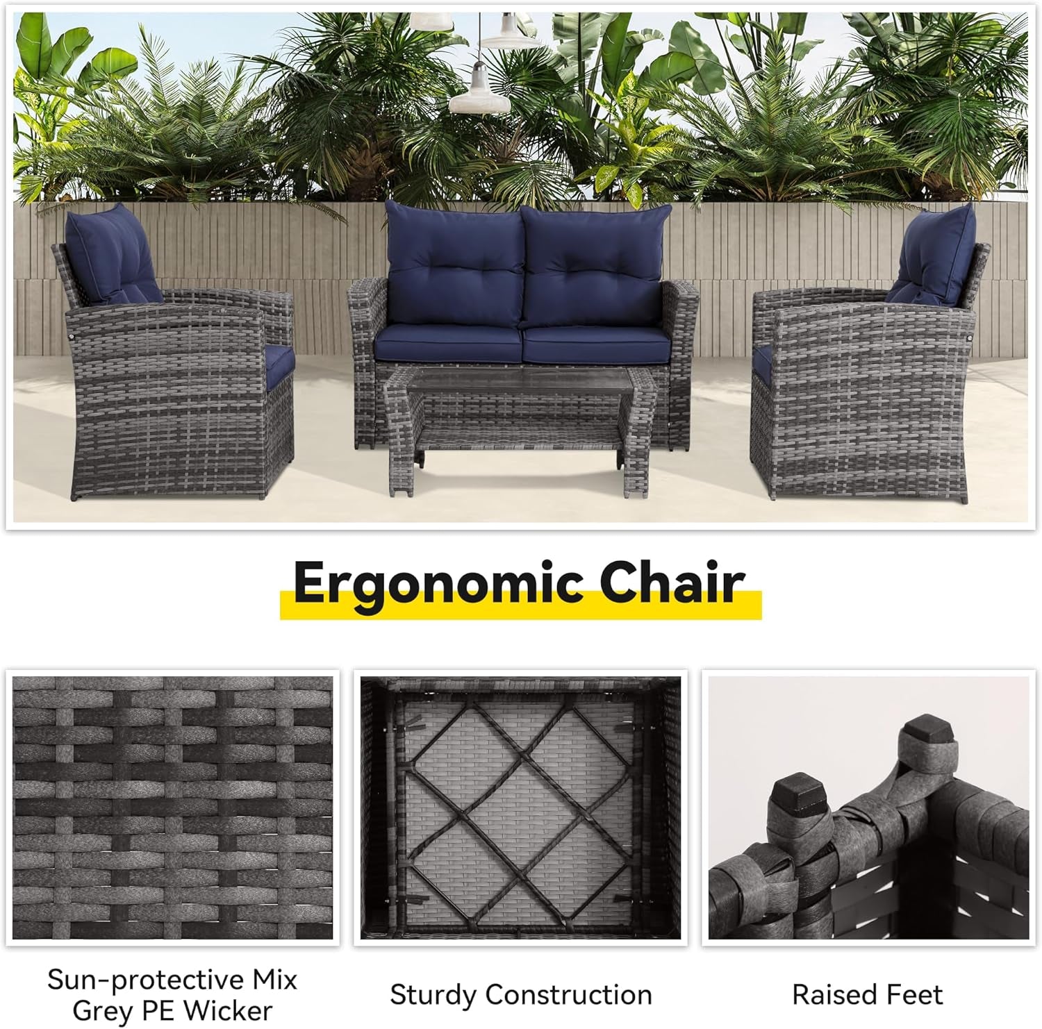 4 Piece Outdoor Patio Furniture Set, Outdoor Sectional Furniture, Wicker Sectional Conversation Sofa Set with Glass Table and Cushions (4 Piece Navy)-4