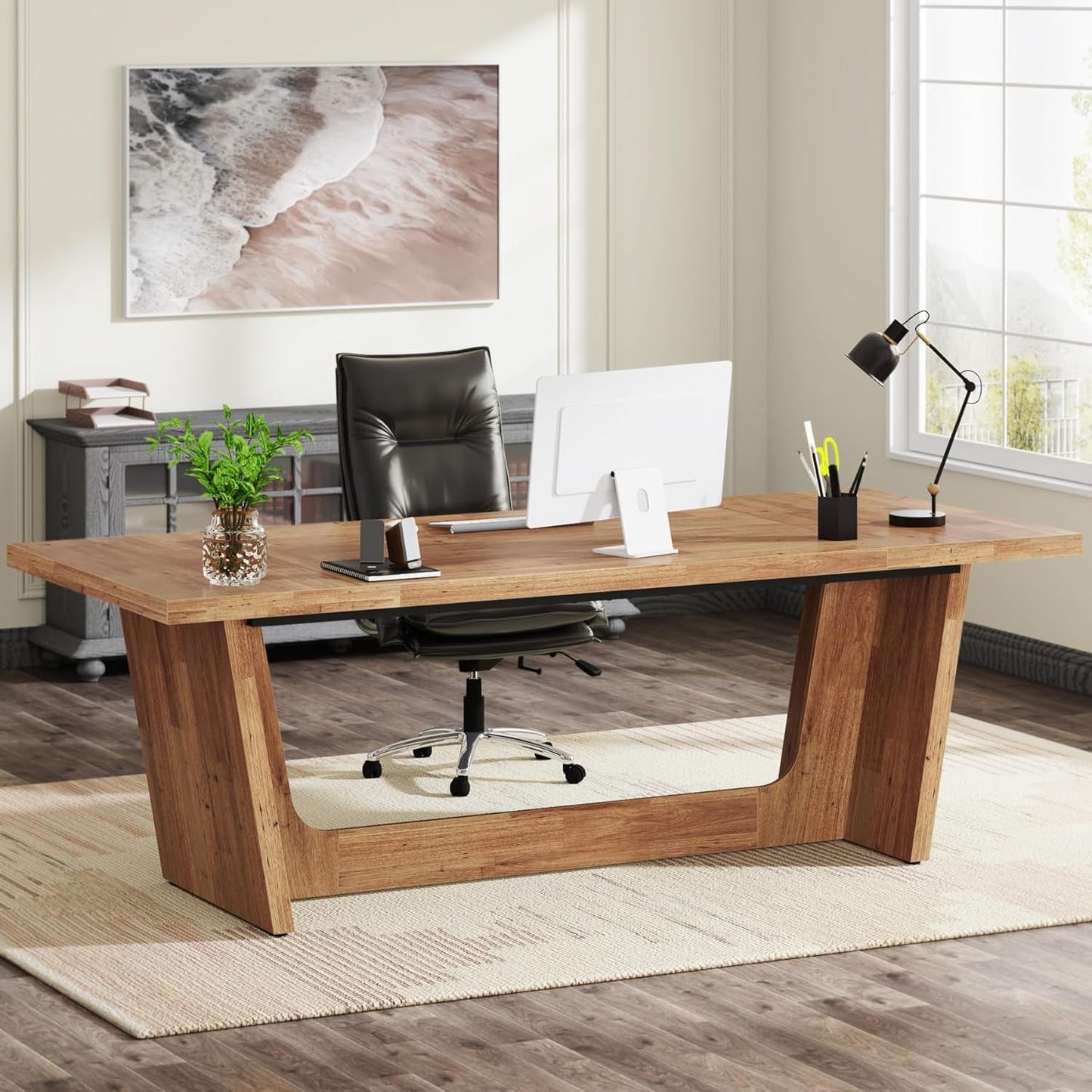 70.87-Inch Executive Computer Desk: Large Home Office Desk with Solid Wooden Pedestal, Industrial Wood Study Writing Table, Workstation Business Furniture, Walnut-0