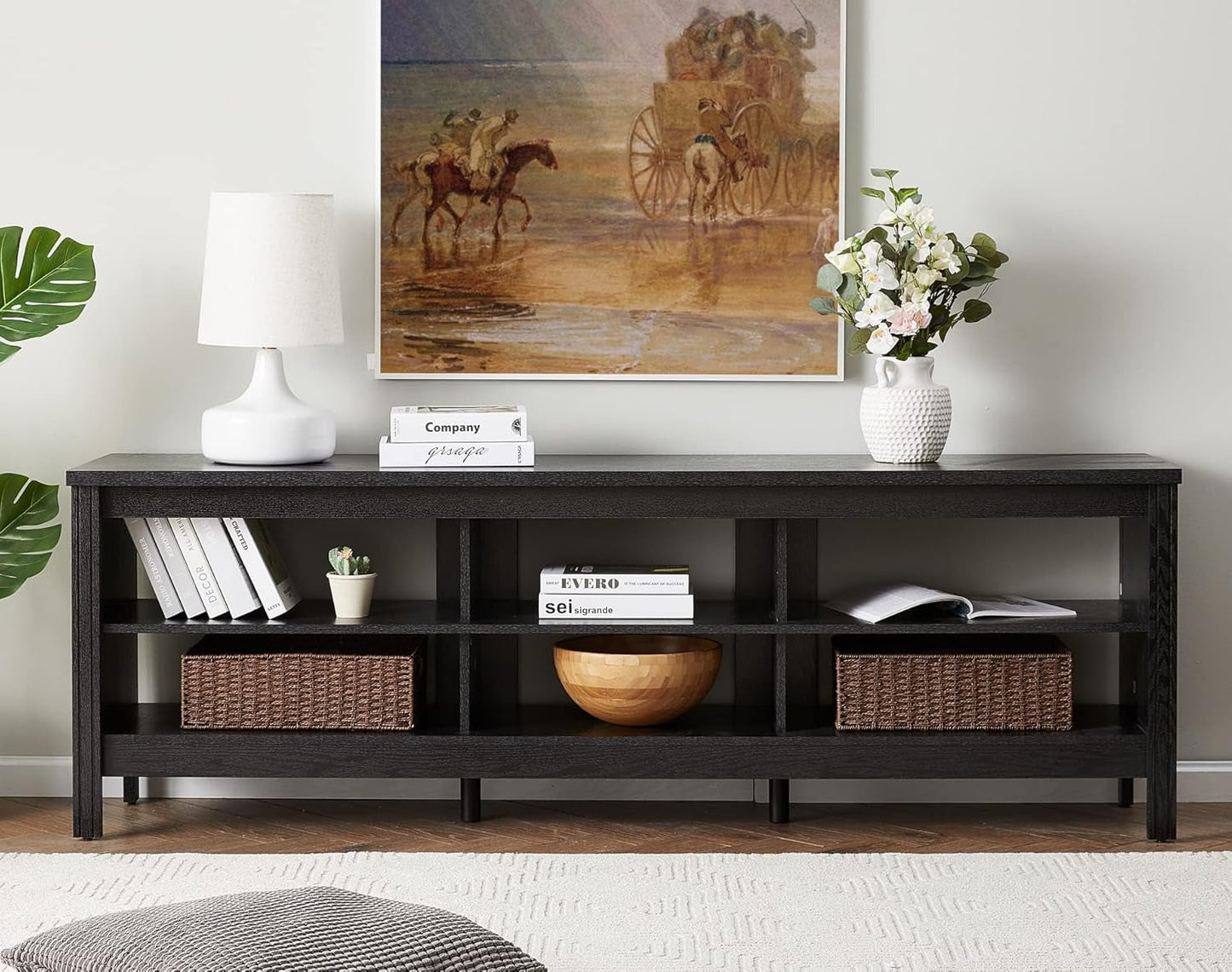 Farmhouse TV Stand for Tvs up to 75 Inches, Black Entertainment Center for 80 Inch TV Console Table with 6 Cubby Storage for Living Room Bedroom, 70''-0