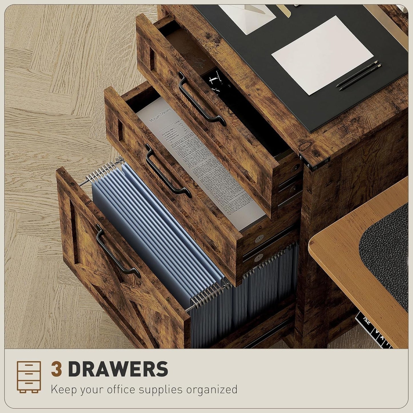 3 Drawer File Cabinet with Silent Slides, Vertical Filing Cabinet for Hanging A4/Letter Size, Rustic Farmhouse Printer Stand with Storage for Home Office, Rustic Brown-4