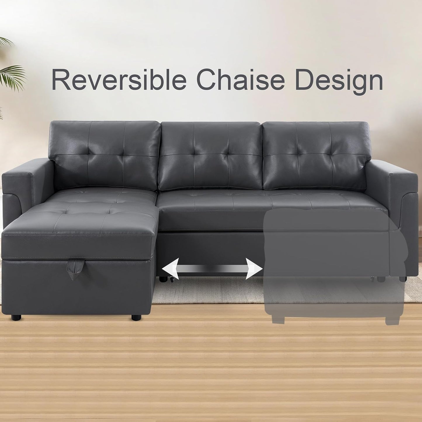 Transform Any Space: Sleeper Sectional Sofa with Convertible Sofa Bed & Inviting Chaise. Find Tranquil Comfort with Stress-Relieving Design & Durable Cushions - Dark Gray/Air Leather-3