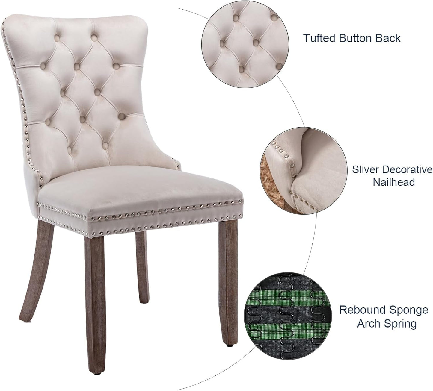 Velvet Dining Chairs Set of 4, Tufted Upholstered Dining Room Chairs with Back Ring Pull, Nailhead Trim and Solid Wood Legs, Modern Dining Chairs for Dining Room, Kitchen(Beige)-3