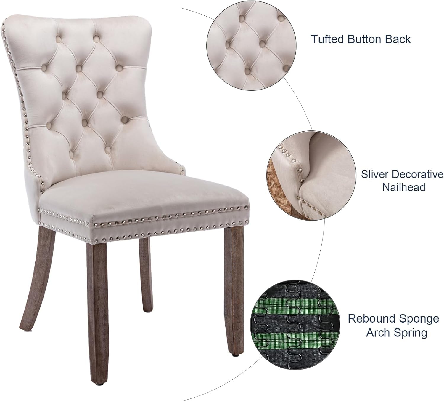 Velvet Dining Chairs Set of 4, Tufted Upholstered Dining Room Chairs with Back Ring Pull, Nailhead Trim and Solid Wood Legs, Modern Dining Chairs for Dining Room, Kitchen(Beige)-3