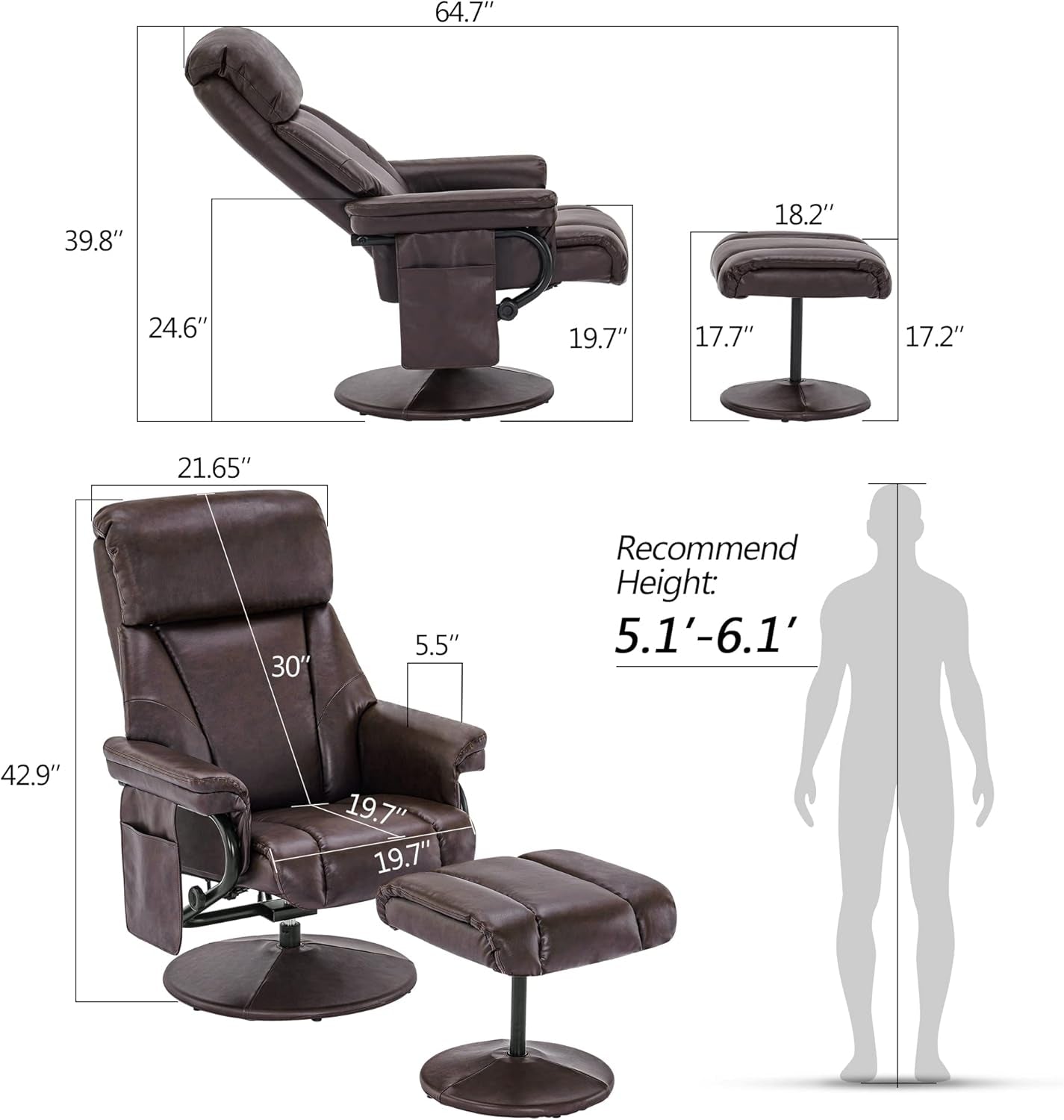 Swivel Recliner with Ottoman, TV Chair with Vibration Massage, Ideal for RV Small Space, Living Room & Bedroom 4539 4828 (Faux Leather, Dark Brown)-2
