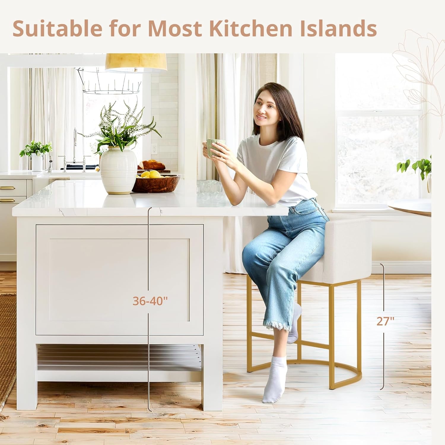 27" H Counter Height Bar Stools, Modern Barrel Counter Stools with Backrest and Arms, Gold Metal Frames, Linen Fabric Upholstered Accent Barstools for Kitchen Island, Beige-2