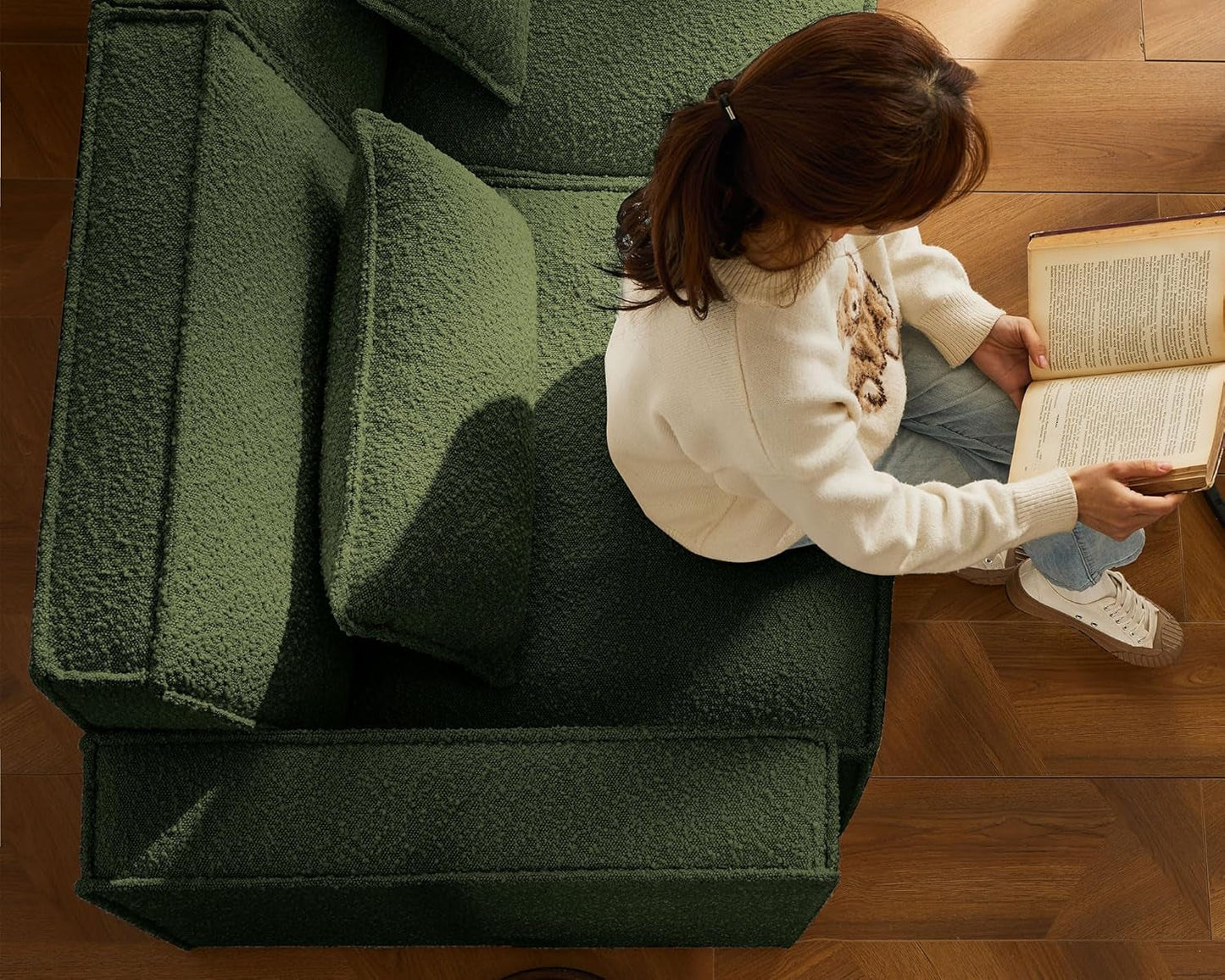 Green Boucle Sleeper Sectional Modular Sofa Bed-3