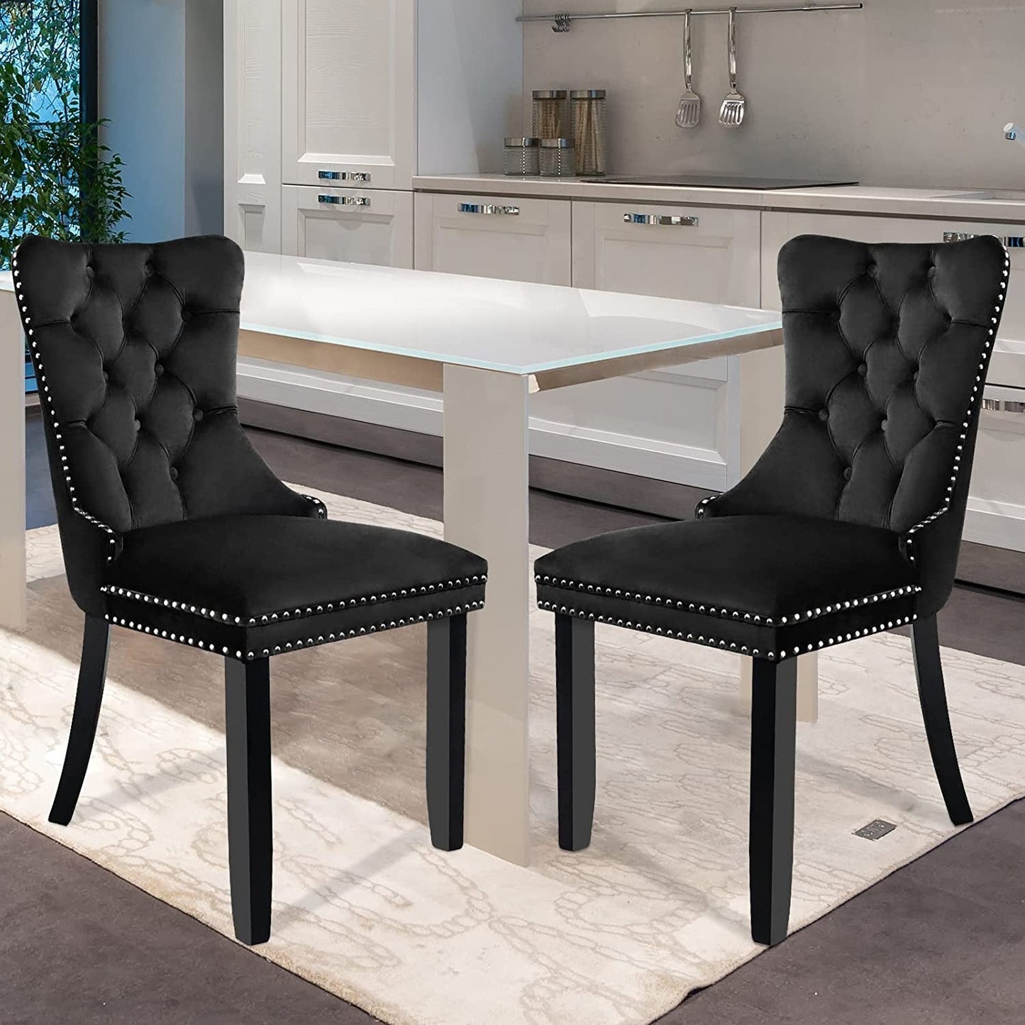 Solid Wood Dining Chairs with Nailhead Back (Set of 2, Black)-0