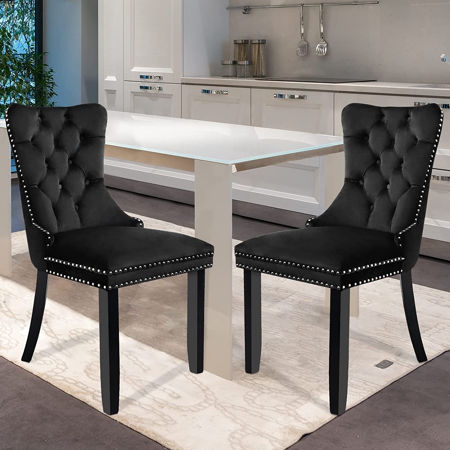 Solid Wood Dining Chairs with Nailhead Back (Set of 2, Black)-0