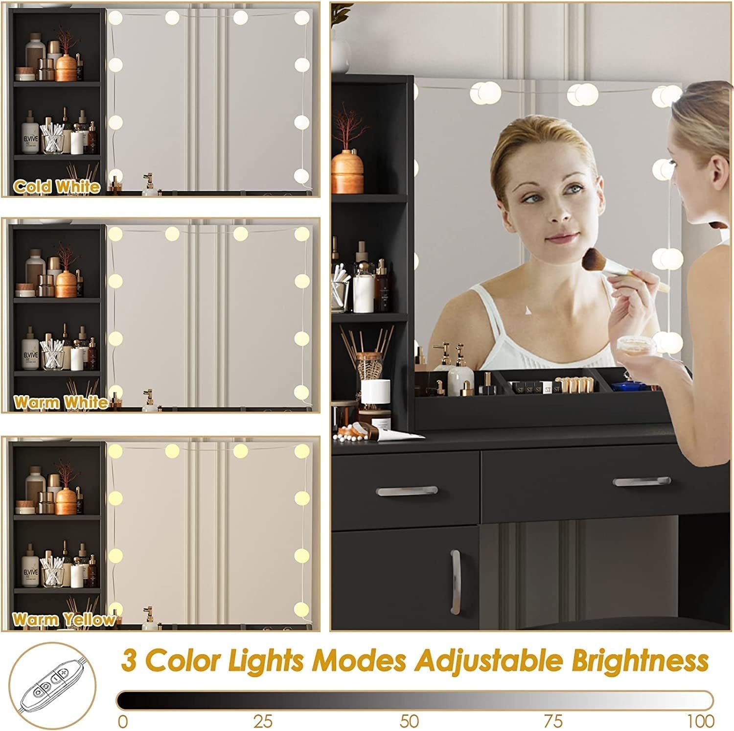 Makeup Vanity Desk with Lighted Mirror, 2 Drawers, Cabinet (Black)-3