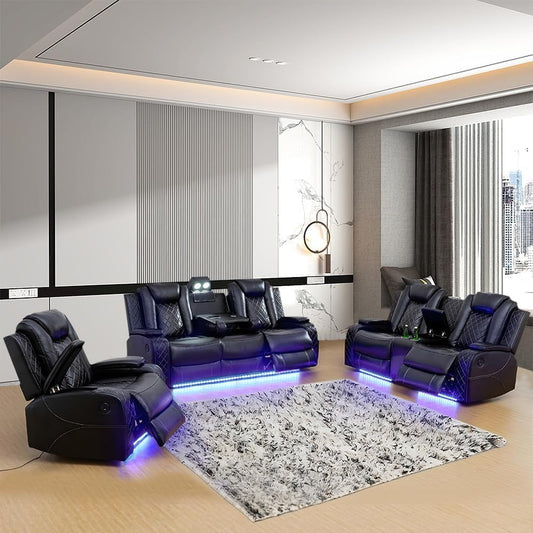 Multifunction Power Air Leather Recliner Sofa Set with LED Lights, Living Room Furniture, Reclining Sofa, Loveseat, Chair with USB Port/Storage Console/Cup Holders (Black, 3 Pieces)-0