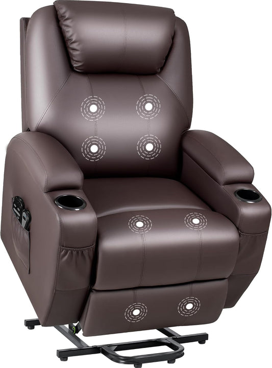Power Lift Recliner Chair with Massage for Elderly PU Leather Modern Reclining Sofa Chair with Cup Holders, Remote Control, Adjustable Furniture (Brown)-0