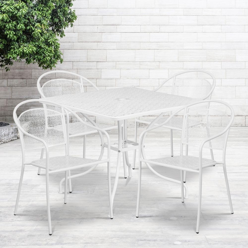 Oia Commercial Grade 35.5" Square White Indoor-Outdoor Steel Patio Table Set with 4 round Back Chairs-1