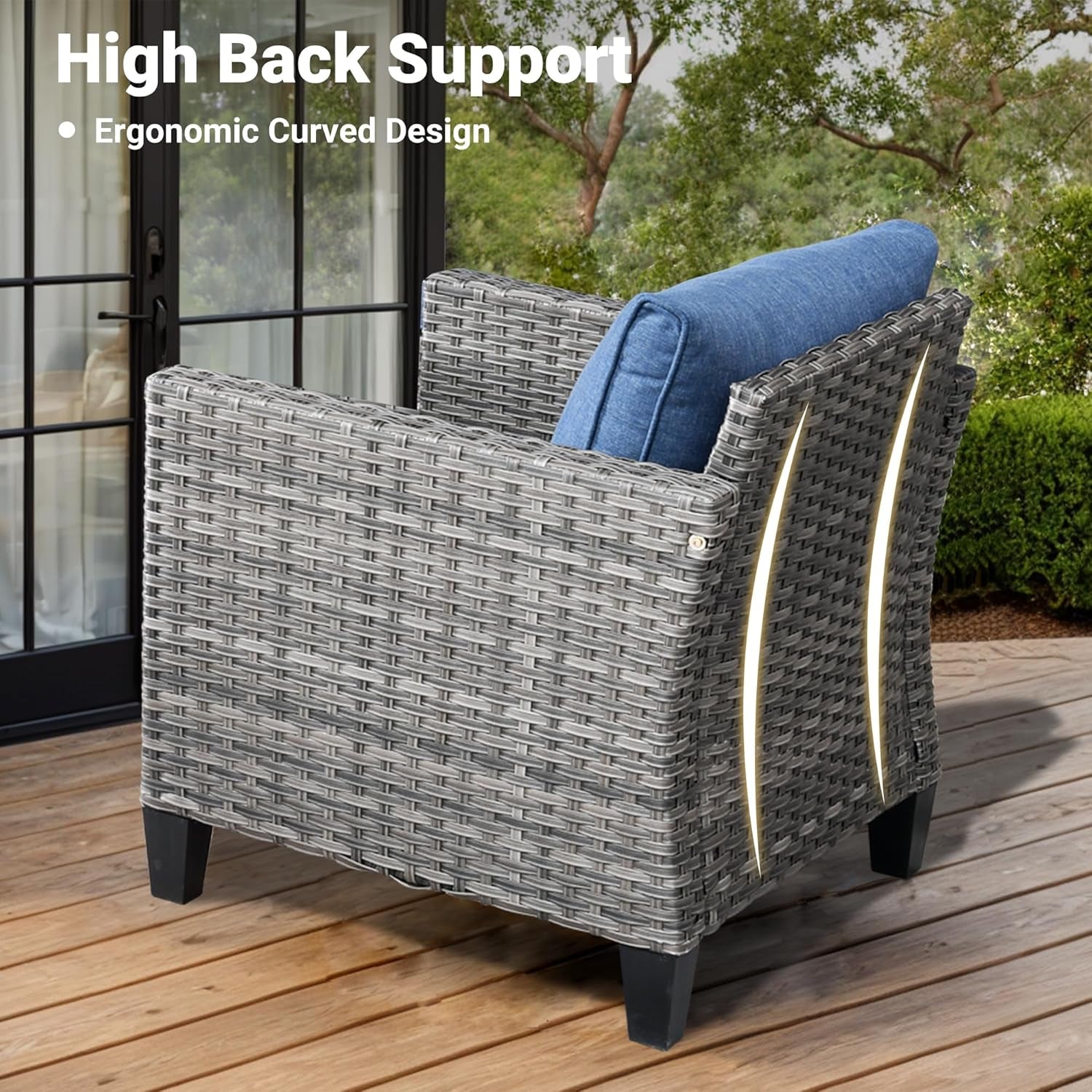 Patio Furniture Set, 5 Pieces Outdoor Wicker Rattan Sofa Couch with Chairs, Ottomans and Comfy Cushions, All Weather High Back Conversation Set Garden Backyard, Denim Blue-4