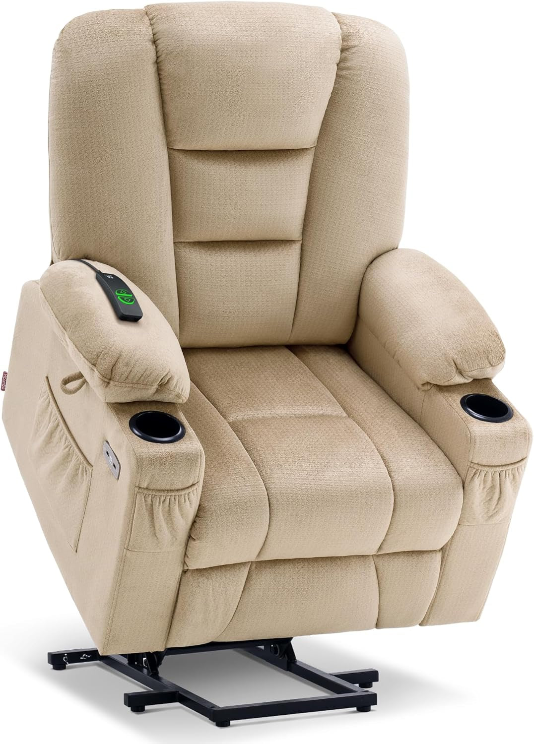 Power Lift Recliner Chair with Massage and Heat for Elderly People, Cup Holders, USB Ports, Side Pockets, Fabric 7529 (Medium, Beige)-0